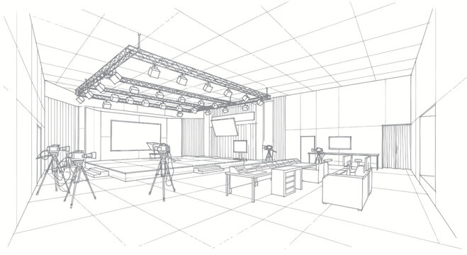 Television Studio Production Set with Cameras and Lighting Rig.