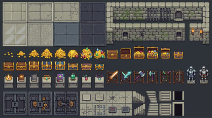 Pixel art dungeon game assets, retro 16-bit rpg tileset with treasure chests and gold, medieval fantasy level design elements for indie games © xantii