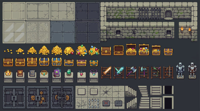 Pixel art dungeon game assets, retro 16-bit rpg tileset with treasure chests and gold, medieval fantasy level design elements for indie games