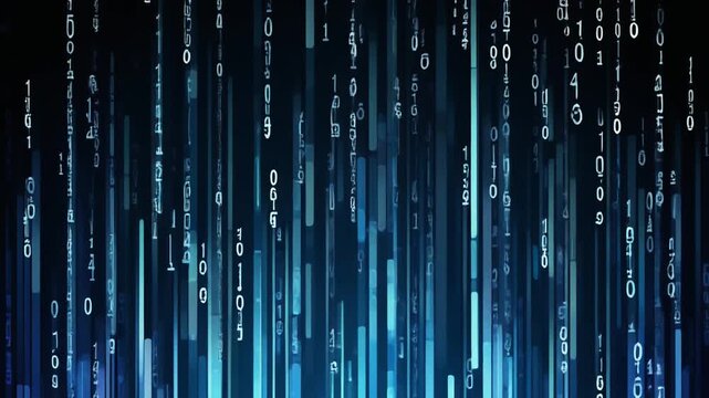 Dynamic commercial stock video featuring dense vertical streams of illuminated cyan and blue binary code shifting at high speed in dark digital space.