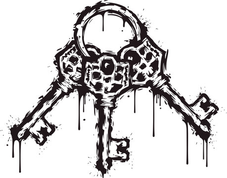 Three vintage keys dripping with black paint, grunge ink illustration on white background