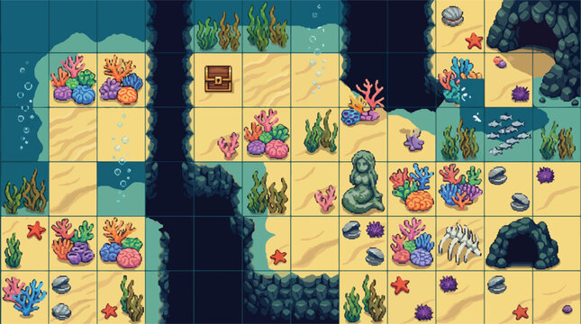 Pixel art underwater game level tileset, 2D top-down ocean floor map assets, retro video game environment with coral reefs and treasure chest