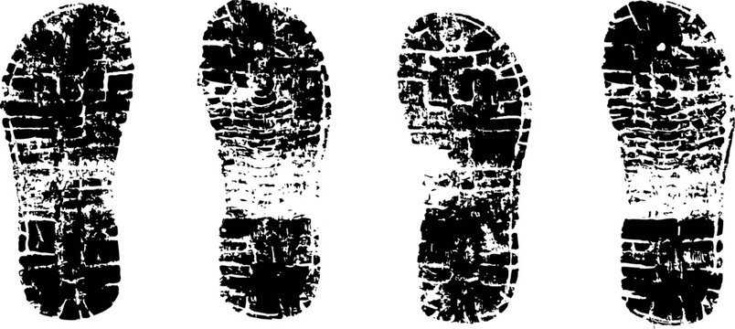 Four black worn boot prints with dirt texture on white background, grunge shoe footprint marks
