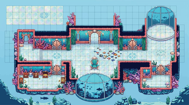 Pixel art underwater palace interior, fantasy mermaid throne room map, blue and pink coral kingdom game level design, isometric ocean castle vector