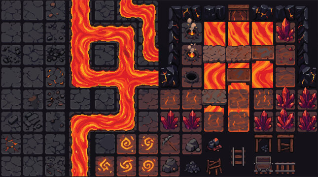Pixel art dungeon tileset with lava river and stone floors, retro 2D game assets for underground mine level, volcanic cave environment vector