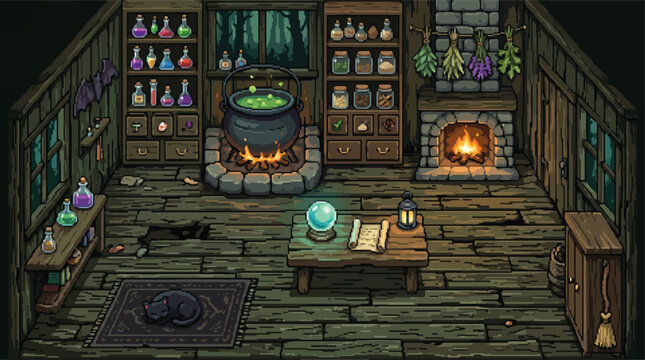 Witch cottage interior vector illustration, mystical alchemy laboratory with boiling cauldron and crystal ball, cozy wizard hut room background