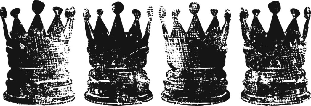 Four black grunge crowns in a row with distressed texture and vintage design