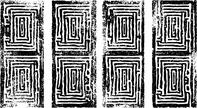 Abstract black and white geometric pattern with rectangular mazes and textured distressed