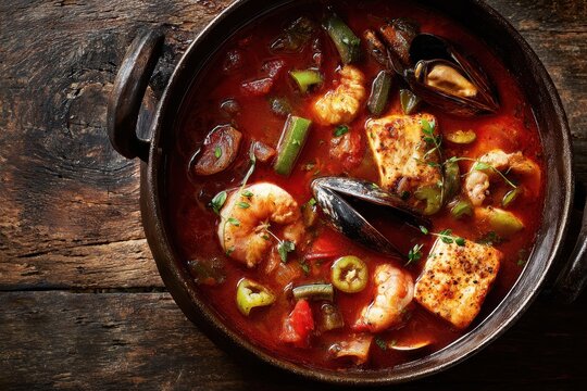 Overhead view of seafood gumbo in a rustic pot with red broth and chunky seafood, plus generous copy space on the right