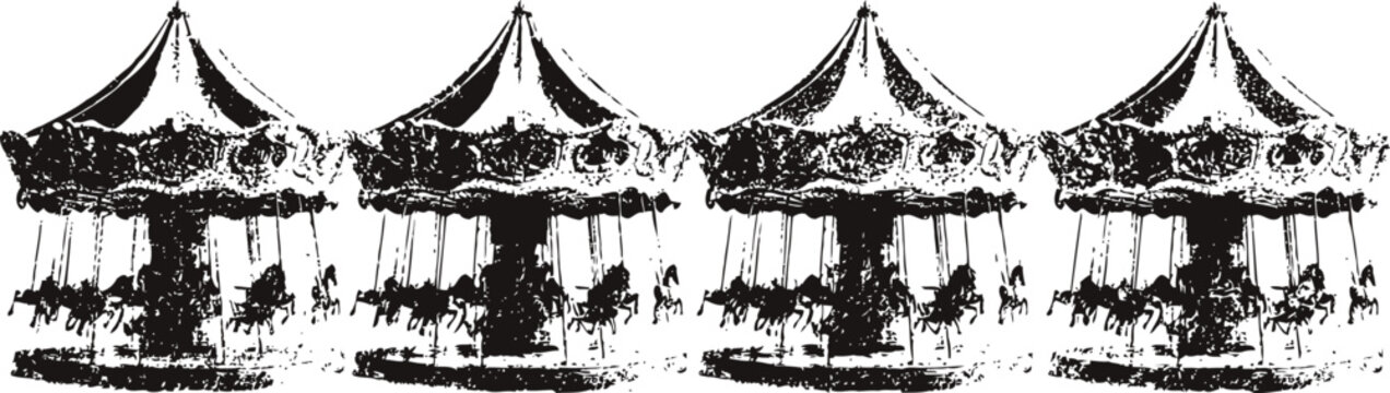 Vintage carousel horses silhouette in motion with carousel tent tops, amusement park ride nostalgic illustration