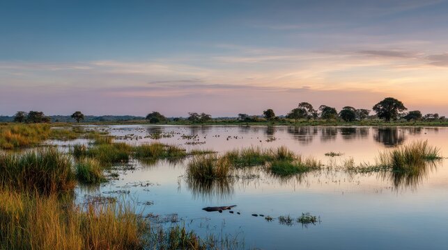 Pantanal Wetlands near Corumba at Golden Hour: Reflections, Birds, and Reptiles in Flooded Plains