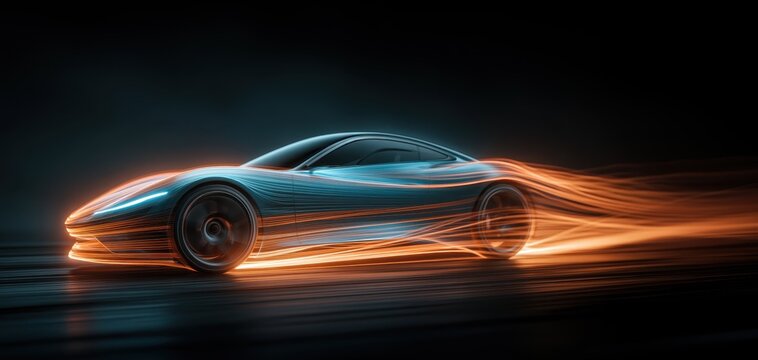 Futuristic electric sports vehicle driving at high speed, experiencing motion blur and glowing light trails demonstrating aerodynamic flow and rapid momentum on a dark road