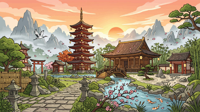 Japanese landscape vector illustration, traditional pagoda temple and zen garden at sunset, oriental mountain scenery with cherry blossoms and koi pond