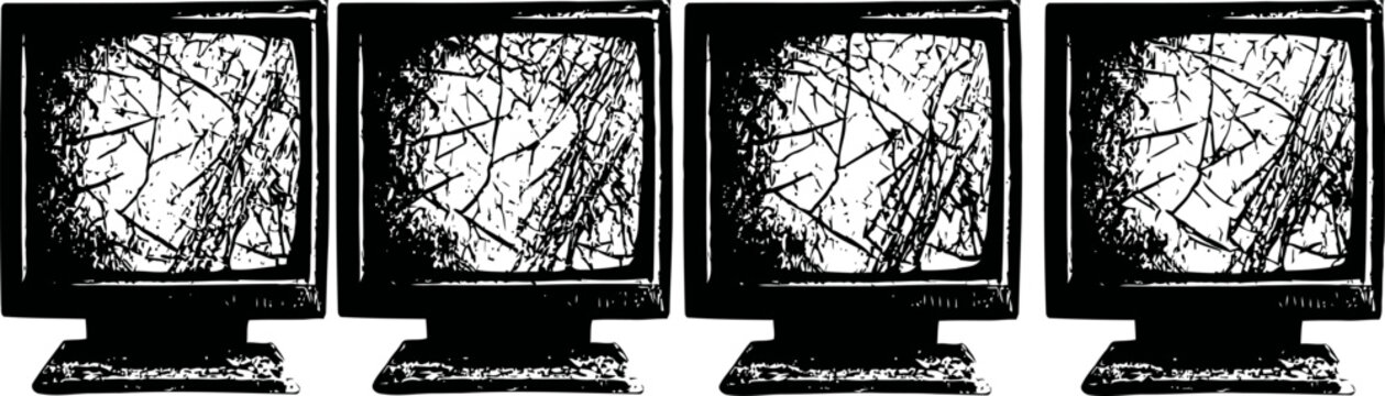 Illustration of four cracked computer monitors in a row with static on display, symbolizing technology failure
