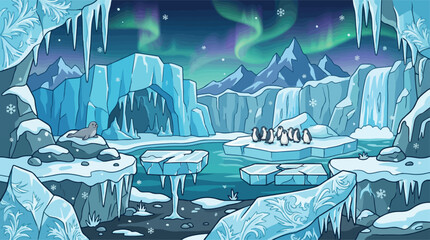 Arctic landscape vector illustration, polar ice cave with penguins and seal, northern lights over frozen winter background, aurora borealis night scene © xantii