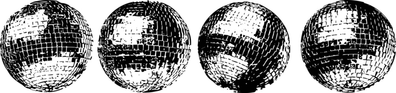 four engraved vintage silver spheres with crosshatched texture isolated on white background