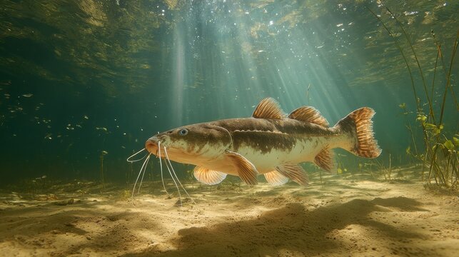 Photorealistic underwater photograph of a catfish exploring a sandy river bottom with bubbles