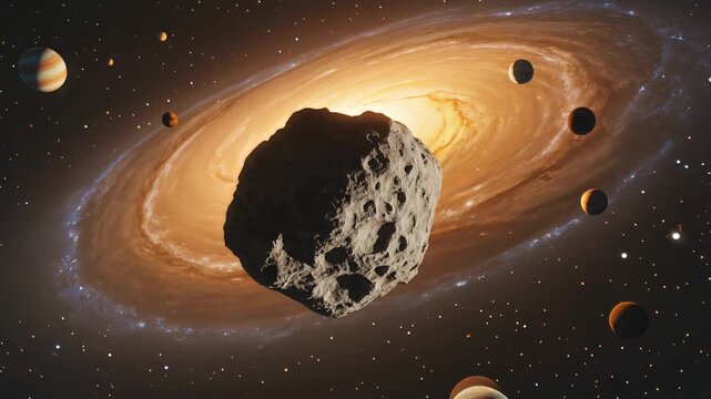 Large asteroid floating in deep space with glowing planetary rings and multiple moons. Cinematic cosmic landscape with distant stars and celestial bodies. Lockdown shot.