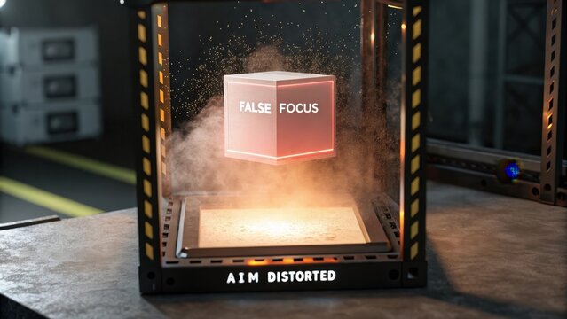 Illusionary Cube with 'False Focus' Text in Tech Frame