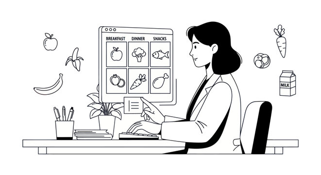 Woman using a computer for meal planning and healthy eating choices.