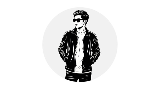 Stylish young man in sunglasses and jacket black and white vector illustration