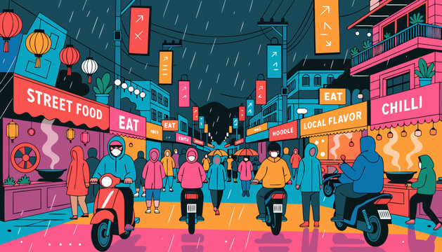 Neon night market street food scene with people noodles rain lanterns vector