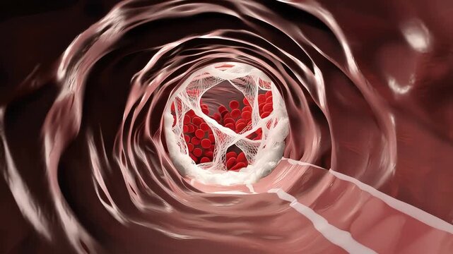 Inside human artery,
smooth flowing red blood cells,
flow suddenly slows down,
a soft clot forms and blocks passage

