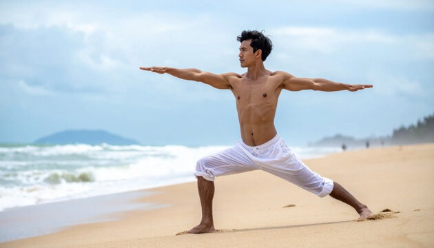 Man yoga pose on beach, fit male doing balance exercise in sand