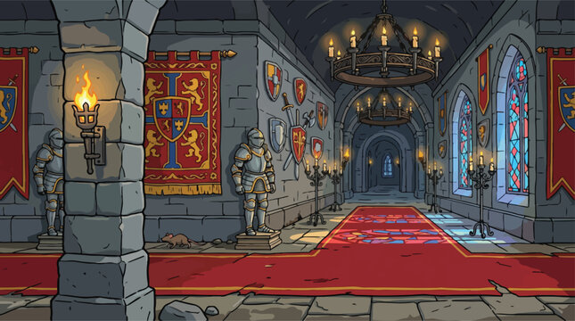 Medieval castle hallway vector illustration, royal palace corridor with knight armor and red carpet, stone dungeon interior with torches and banners