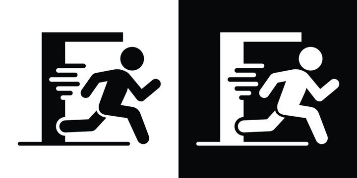 Vector graphic of a person running quickly through an exit. Motion lines indicate speed. Ideal for emergency procedures, swift evacuation, exit signs, or quick navigation concepts.