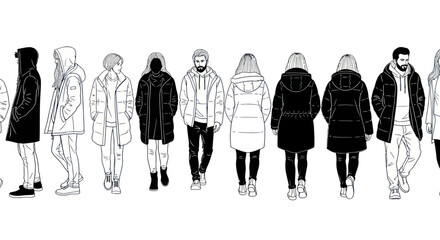 Black and white illustration of people walking in winter coats and urban fashion. © widodo