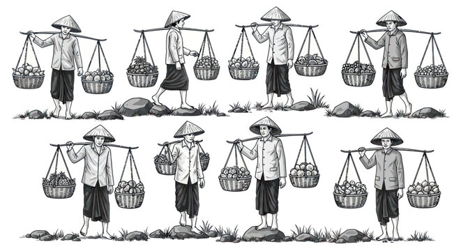 Asian street vendors carrying fruit baskets on shoulder poles in engraving style