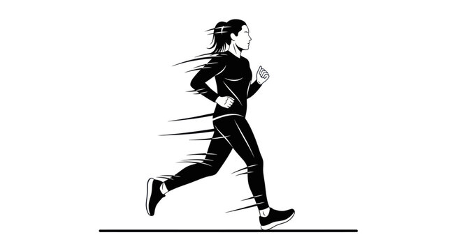 Black and white illustration of a female runner sprinting with speed motion lines.
