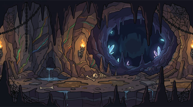 Fantasy dungeon cave vector background, dark underground cavern with glowing crystals and torches, spooky stone grotto for game level design