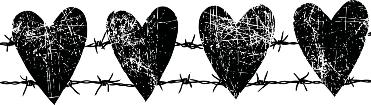 Grungy black hearts linked on barbed wire, distressed love symbol, textured romantic illustration