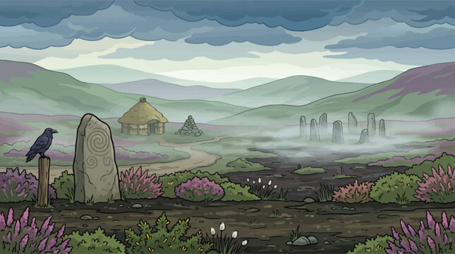 Ancient Celtic landscape with standing stones and roundhouse, mystical iron age village vector, misty highland scenery with raven and megaliths