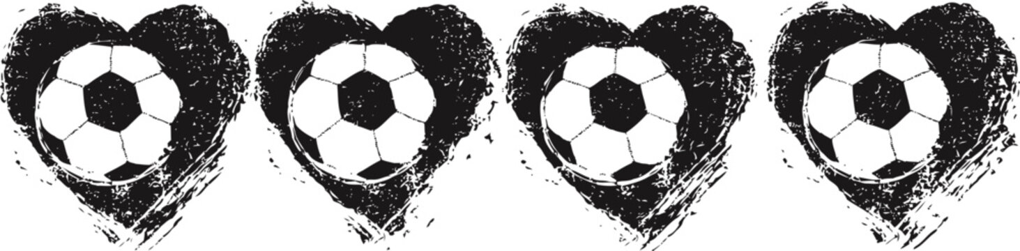 four grunge hearts with soccer balls inside sports love and passion design black and white football art