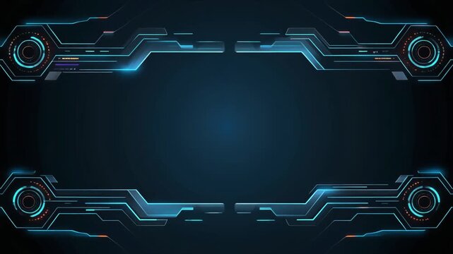 Sleek commercial digital background displaying a high-tech HUD interface border frame with glowing blue top and bottom mechanical brackets.