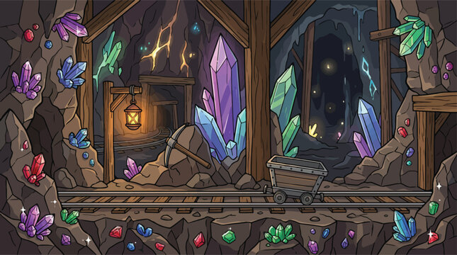 Fantasy crystal mine background, underground cavern with glowing gems and minerals, cartoon game level design with minecart and pickaxe