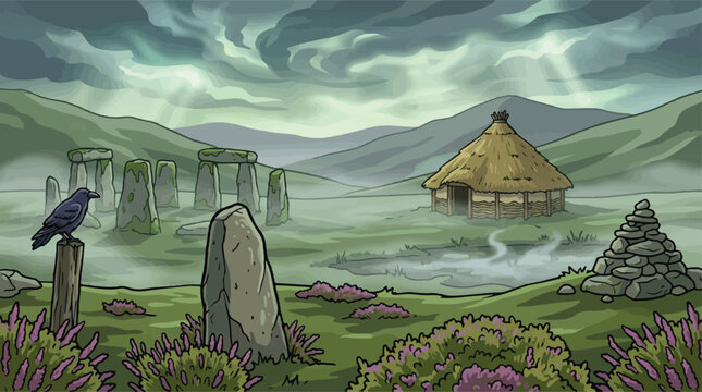 Celtic iron age landscape vector, ancient stone circle and roundhouse in misty hills, prehistoric neolithic village scene with raven and heather