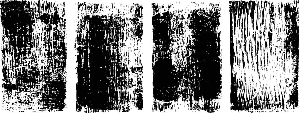 Four vertical textured grunge backgrounds in black and white with distressed and scratched effects