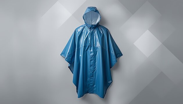 A blue rain poncho hangs on a gray background with diamond patterns