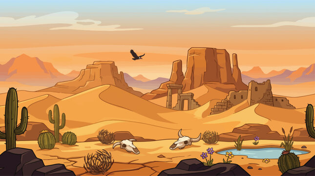 Desert landscape vector illustration, wild west arid valley with sand dunes and mesas, western scenery with cactus and animal skulls