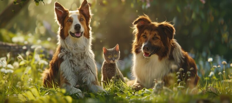 Two beautiful fluffy dogs and a tiny cute kitten sit together peacefully in a lush green meadow filled with wildflowers during a warm golden hour sunset in the beautiful countryside