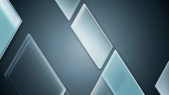 Minimalist commercial 3D motion graphic featuring sleek frosted glass tiles arranged in a clean diagonal sequence on a cool grey background.