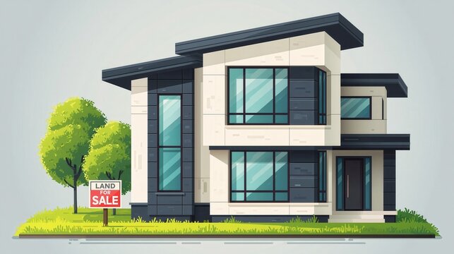 Modern house illustration on green land for sale, showcasing contemporary architecture, sleek design, and investment opportunity in real estate development