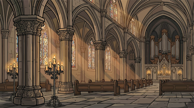 Gothic cathedral interior vector illustration, medieval church with stone pillars and pipe organ, sacred chapel with light rays and candles