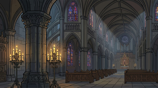 Gothic cathedral interior vector illustration, medieval church with stained glass windows and stone pillars, ancient temple with glowing candles