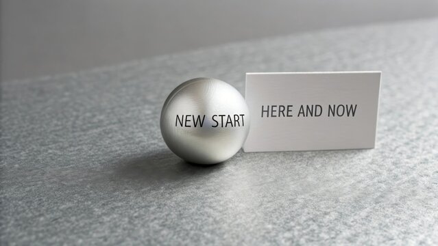 Metallic Sphere Labeled New Start Beside Text Card