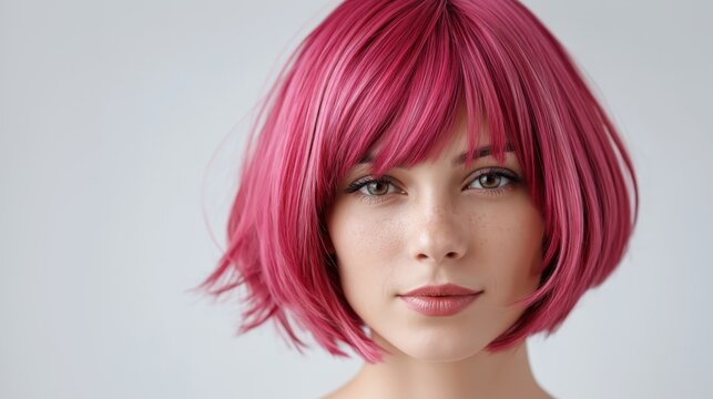 Young woman with vibrant pink bob hairstyle and fringes confidently looking at camera, expressing individuality, fashion, and beauty against a clean background